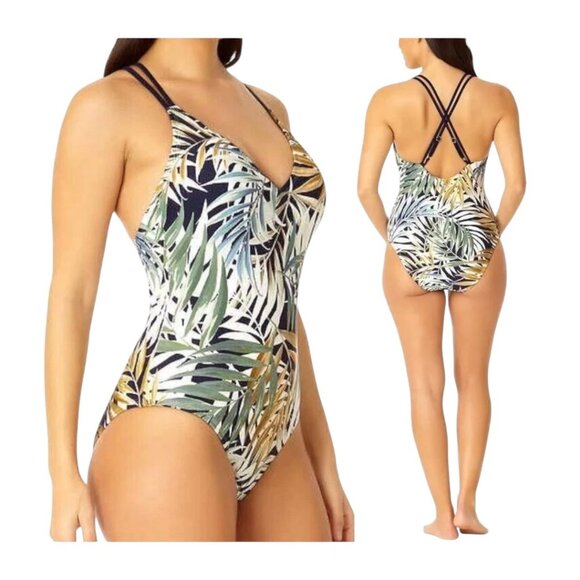 Hurley Tropical Leaf Print One-Piece Swimsuit Cross-Back Straps Women SZ XL - Picture 2 of 12